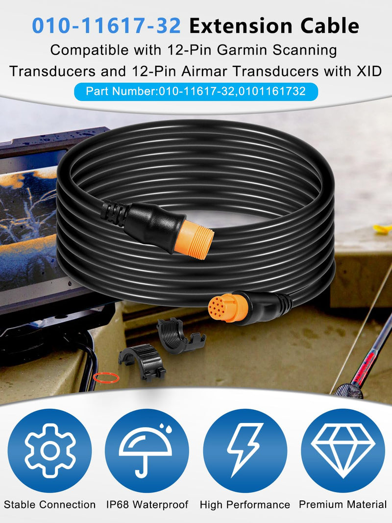Replacement for Garmin 010-11617-32 Extension Cable 12-Pin, Compatible with 12-Pin Garmin Scanning Transducers, 12-Pin Airmar Transducers with XID, ECHOMAP, STRIKER, LiveScope, GPSMAP Series (10 Feet)