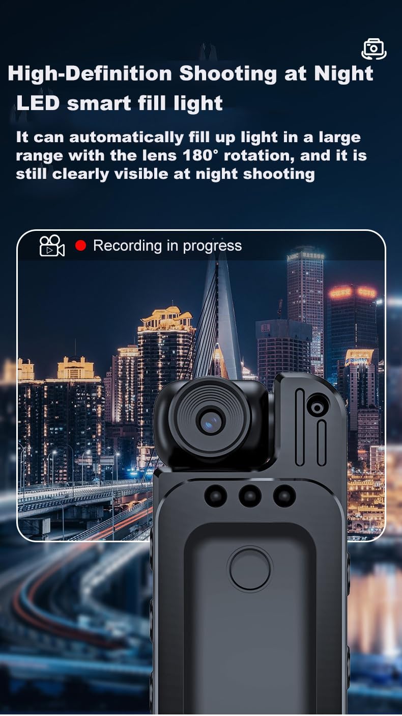 Mini Body Camera HD 2K 10 Hrs Portable Video Recorder with 180° Rotatable Lens Wearable Camcorder with Night Vision & Motion Detection &Photo Police Body Cam with Audio Sound for Sport/Delivery/Travel