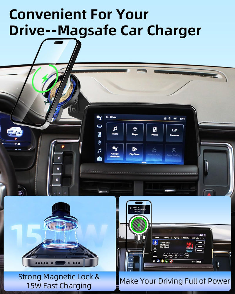 PZK Magnetic Car Phone Mount for 2021-2024 Chevy Tahoe/Suburban/GMC Yukon | 10.2-inch Screen Magsafe 15W Fast Wireless Charger Car Phone Holder LT/Z71/RST/High Country 360° Rotation Hands-Free Stand Tahoe/Suburban/GMC Yukon/GMC Yukon XL 2021-2024