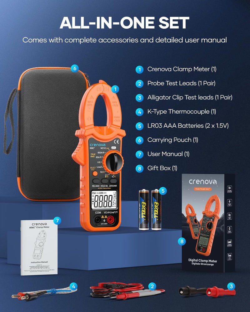 Crenova Digital Clamp Meter Multimeter 6000 Counts TRMS Voltage Tester Amp Meter for AC/DC Current/Voltage,Resistance,Capacitance,Frequency,Duty Cycle,Temperature,Continuity,Diode,NCV,Live Wire Test