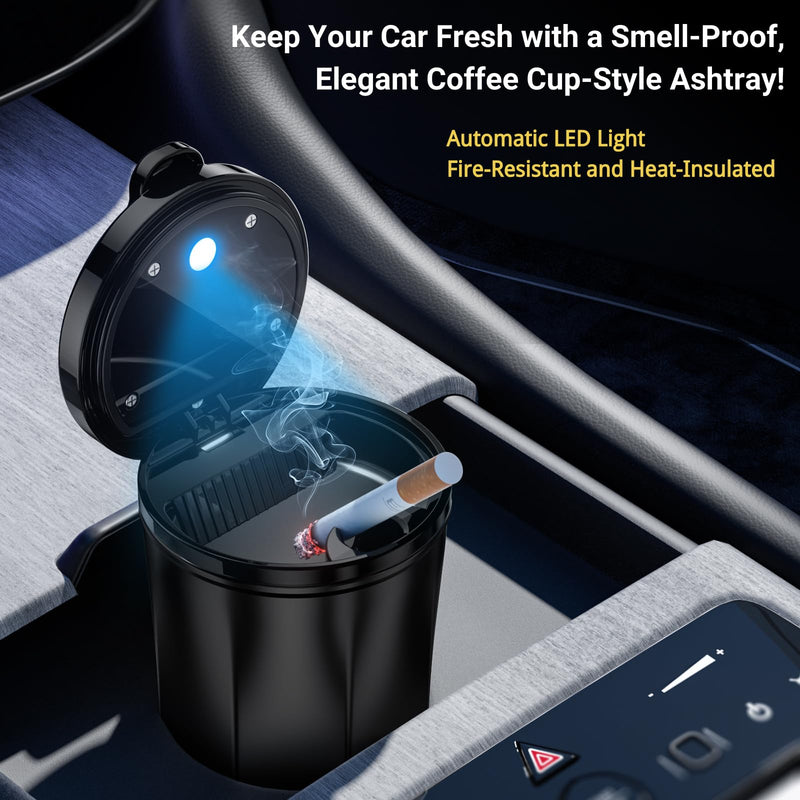 Smokeless Ashtray for Car - Stainless Steel Inner Liner, Portable Cup Holder Ashtray with Lid, Odor-Proof & LED Light, Multifunctional Desktop Bin for Cigarettes, Snack Waste, Office, Home