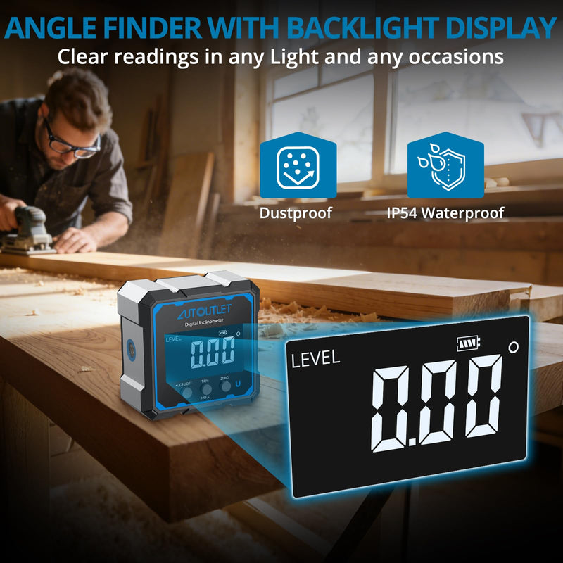 AUTOUTLET Digital Angle Finder with Dual Laser Lines, Rechargeable Type-C Magnetic Angle Gauge, 4x90° Range ±0.1° Accuracy, Backlit LCD Display, Auto Flip Reading, for Woodworking, Construction & DIY