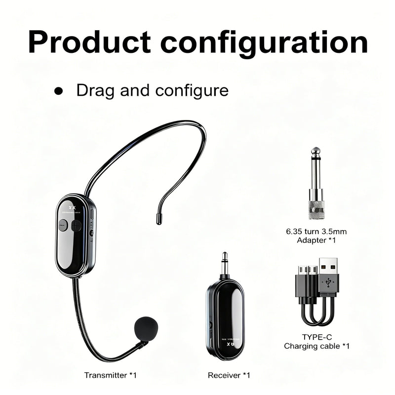 Wireless Microphone Headset UHF Wireless Headset Mic System for PA | 200 FT Transmission Range with1/8" & 1/4" Plugs, For teacher, fitness coach, singing, lightweight hands free headset mic