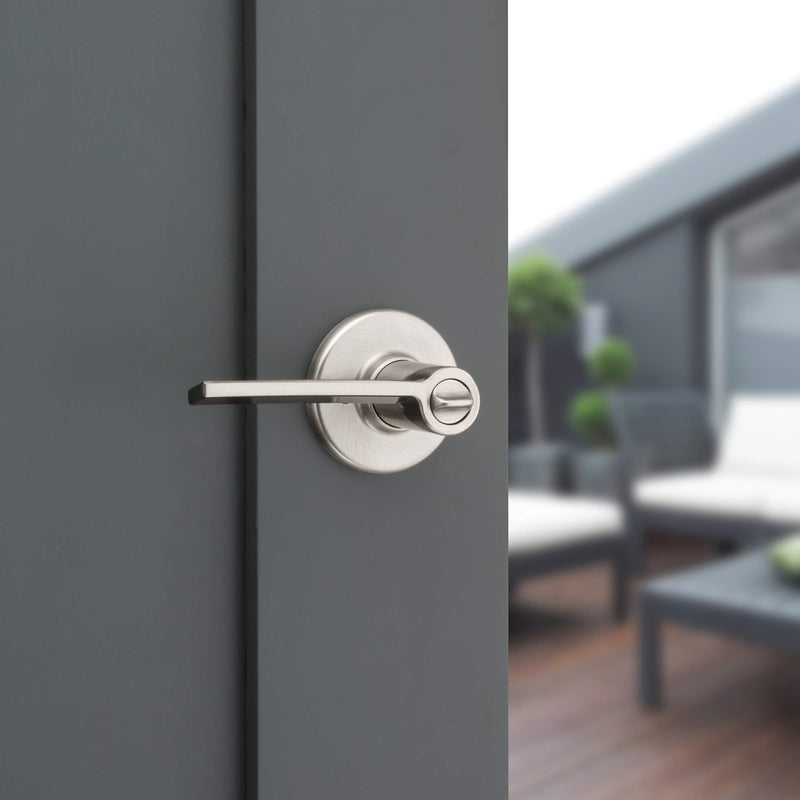 Kwikset Ladera Entry Door Handle with Lock and Key, Secure Keyed Reversible Lever Exterior, For Front Entrance and Bedrooms, Satin Nickel, Pick Resistant Smartkey Rekey Security and Microban