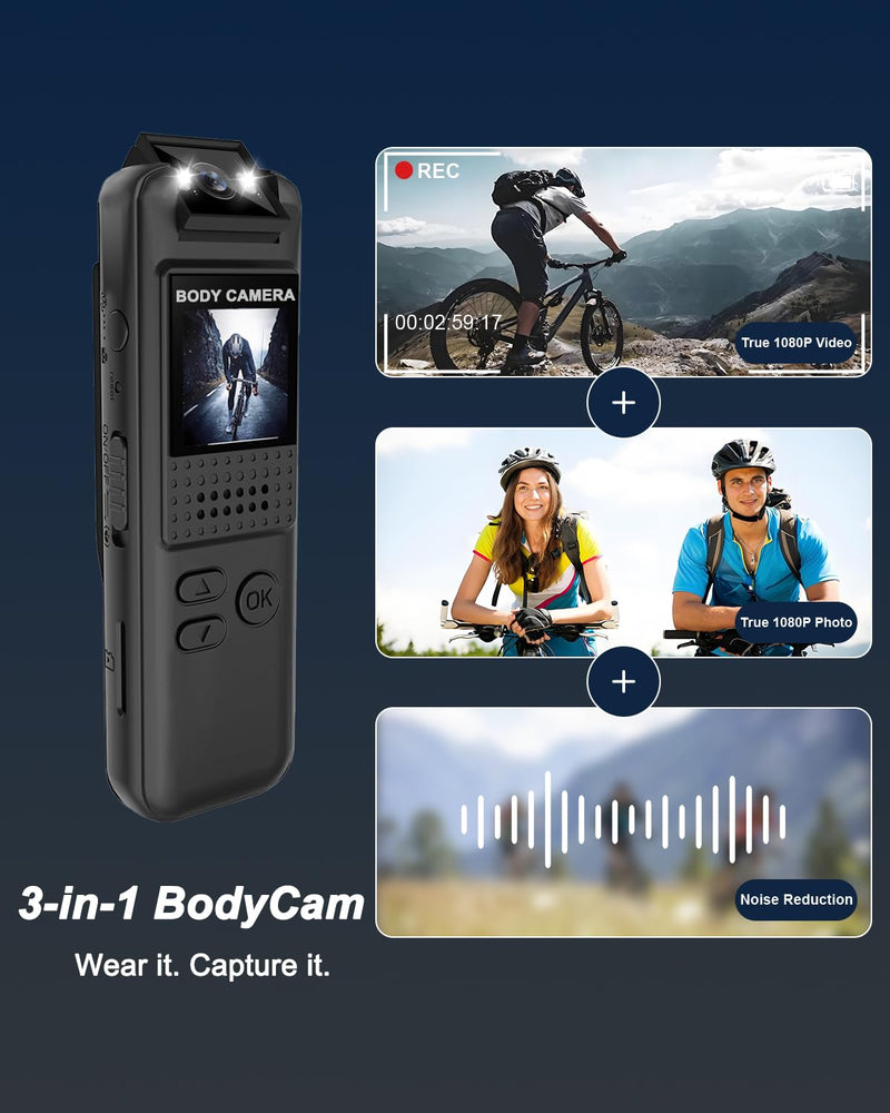Body Camera, Mini Sports Camera with 64GB TF Card, 1080P HD Body Cam, 180° Rotatable Lens, Small Action Video Camcorder with Magnetic Back Clip & Bike Mount, POV Cam for Bike, Outdoor Use