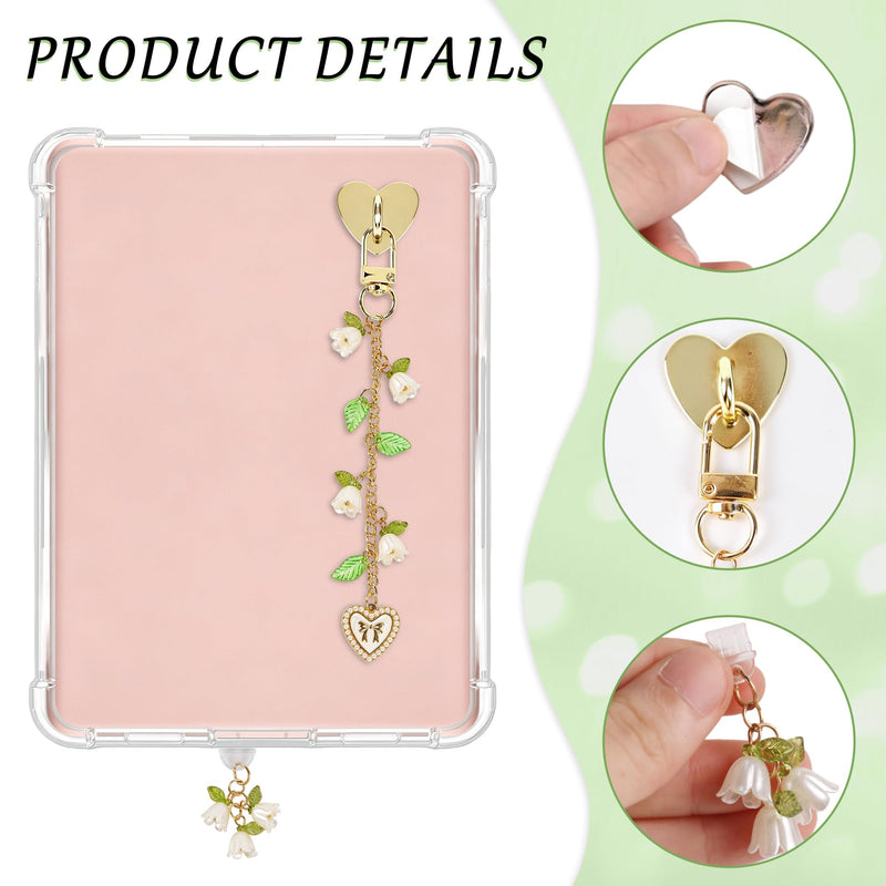 Mantveil E-Reader Charm Chain and Dust Plug Set, Lily of the Valley Flower Pendant Accessories for E-Reader, for Kindle, Nature Lover Gift Gold Lily Valley
