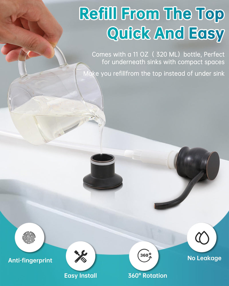 Brass Kitchen Soap Dispenser, Oil Rubbed Bronze in Sink Liquid Dish Soap Dispenser with High Capacity 500ML （17oz） ABS Bottle, Under Sink Hand Metal Dispenser Pump Without Hose