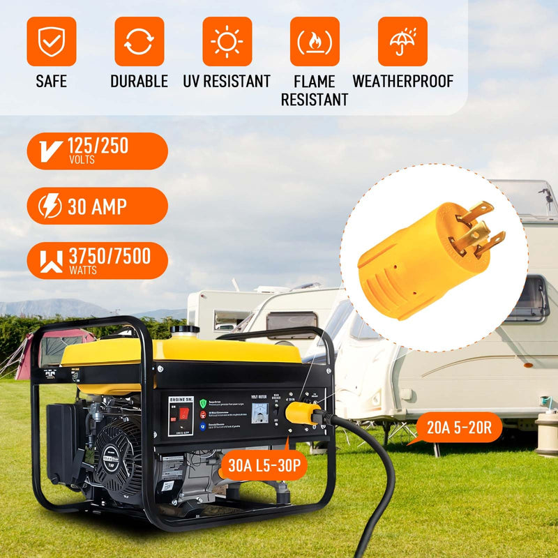 NEMA L5-30P to 5-15/20R RV Generator Adapter, 3-Prong Locking Generator Shore Power Adapter: NEMA L5-30P to Household Regular 5-15R/5-20R Inlet Connector - 30A to 110V/120V for RVs & Marine NEMA L5-30P to 5-15/20R Adapter