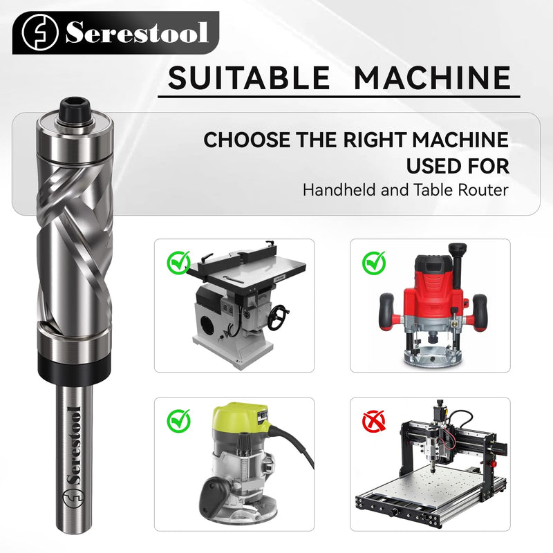 Top and Bottom Bearing Flush Trim Router Bit 1/4 Shank, 1/2" Cutting Diameter, 1-1/8" Cutting Length, Up&Down Compression Cut, Carbide Spiral Pattern Template Bit for Wood Trimming Top&Bottom Bearing Up&Down Cut 1/4"x1/2"x1-1/8"