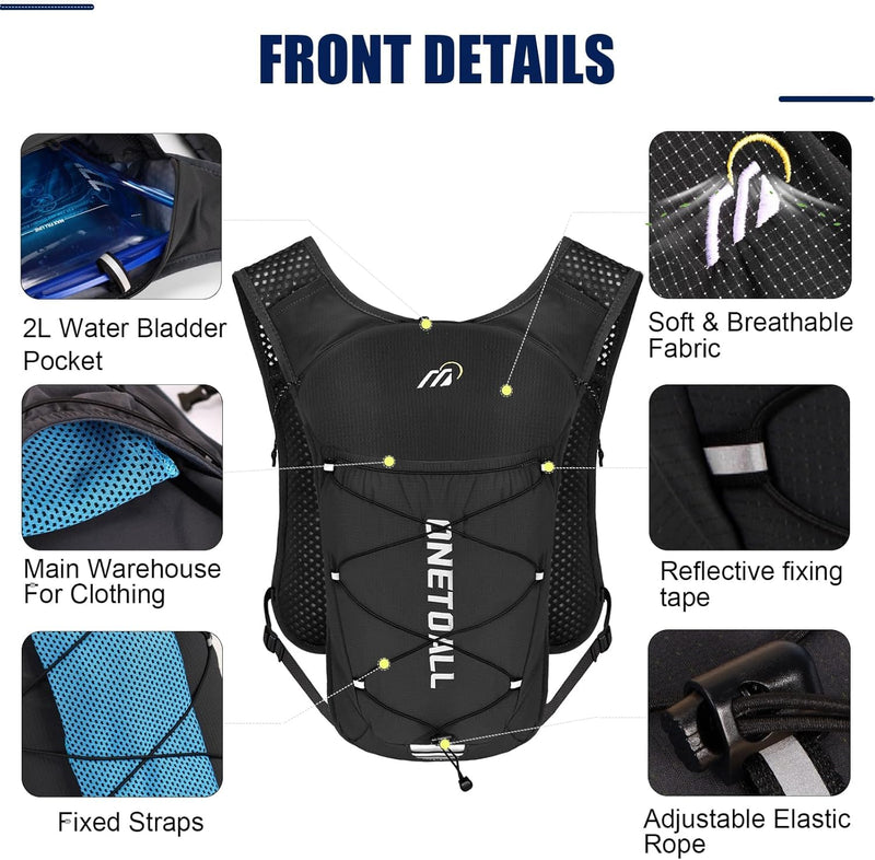 Running Vest for Women & Men, Lightweight 150g Hydration Backpack, 6L Pack for Trail Running, Marathon, Hiking, Cycling, Jogging, Adjustable Fit Black Vest with 2L Bladder