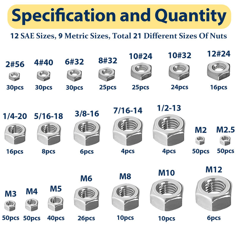 2 in 1 SAE & Metric Hex Nut Assortment Kit(510pcs),2#56 4#40 6#32 8#32 10#24 10#32 12#24 1/4-20 5/16-18 3/8-16 7/16-14 1/2-13 M2 M2.5 M3 M4 M5 M6 M8 M10 M12 304 Stainless Steel Nuts Set SAE&Metric-510