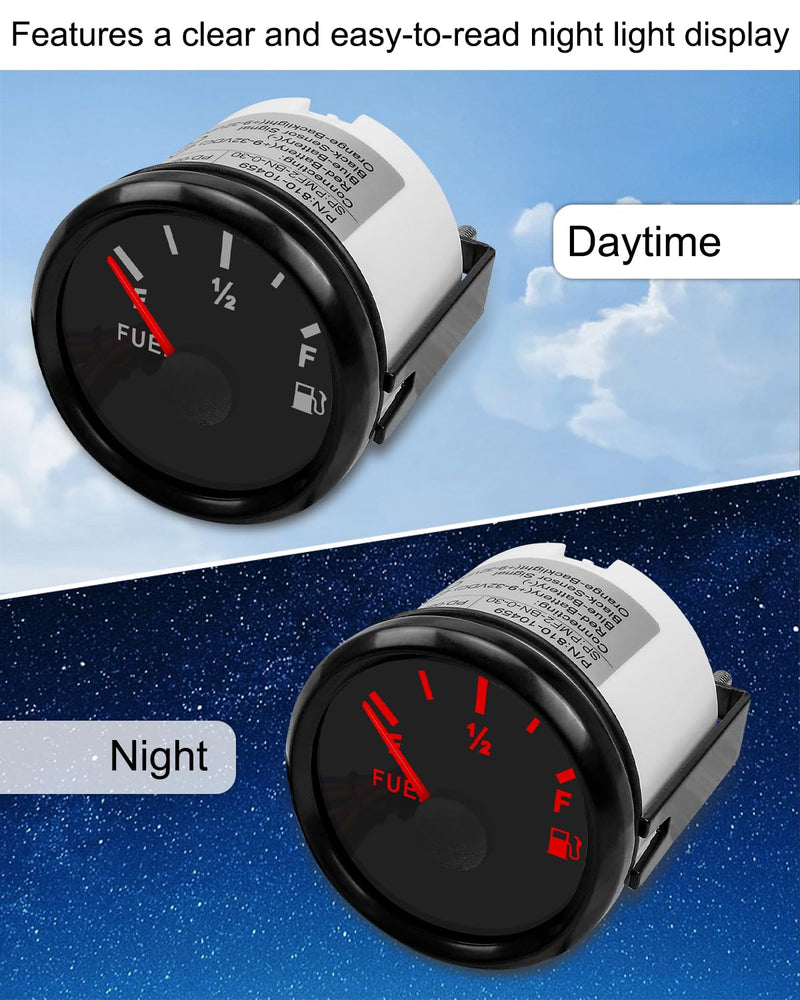 Black Boat Fuel Level Gauge 73-10 ohms (Empty-Full) for Marine Car RV Yacht Motorcycle Automotive, 52mm 9-32VDC Black
