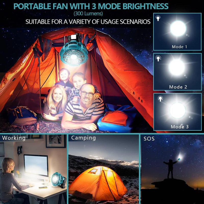 Fan for Makita 14.4V-18V Li-Ion Battery, Portable Camping Fan with Remote, 3 Speed Brightness, 4H Timer, Foldable Hook Rechargeable Cordless Jobsite Small Personal Fan