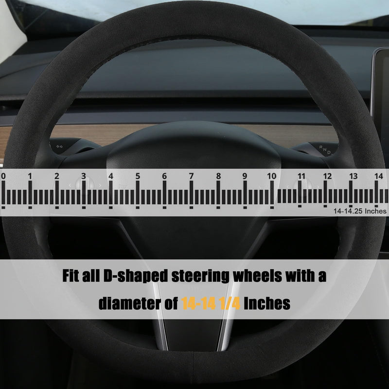 Suede Steering Wheel Cover for Tesla Model 3/Y, Anti Heat, Breathable, Anti-Slip,Leather Steering Wheel Cover 14-14 1/4 in (35.5-36 cm) (Black-02) Black-02