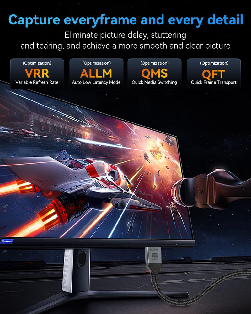 16K 8K HDMI Cable 96Gbps 6.6 FT, Ultra High Speed HDMI 2.2 Cable 16K@60Hz 8K@120Hz 4K@480Hz HDCP 2.2&2.3, Dynamic HDR, eARC,DTS:X, Compatible with Roku TV/HDTV/PS5/Blu-ray/Projector 6.6 feet