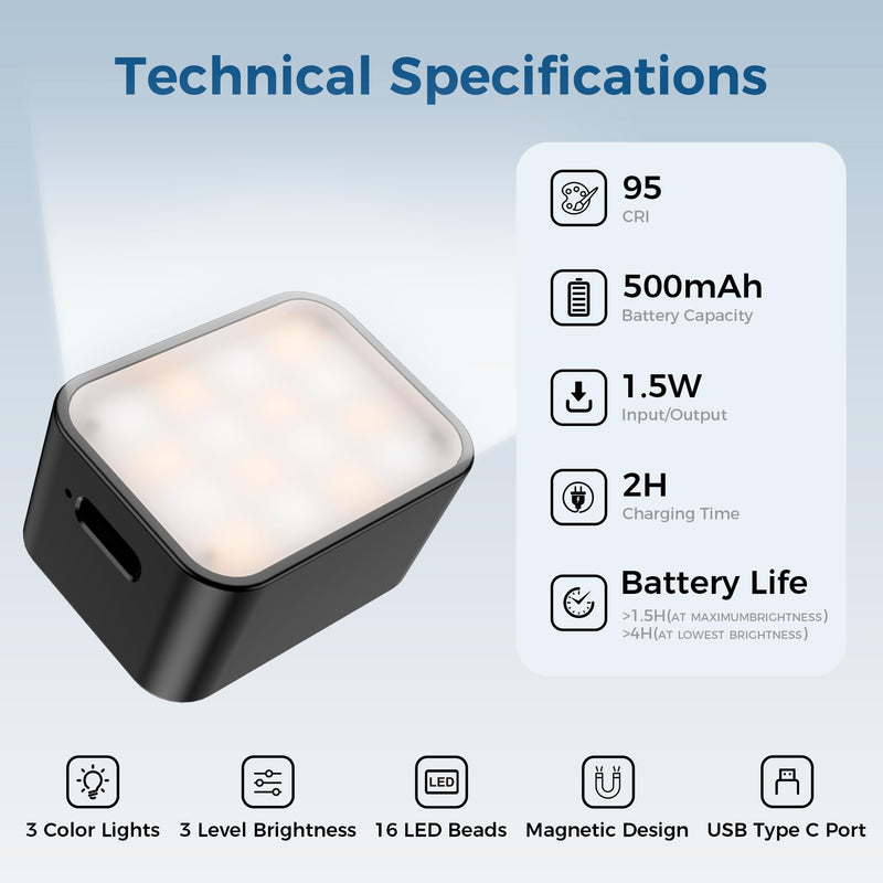 2PCS Magnetic Mini LED Fill Light Auxiliary Light for DJI OSMO Pocket 4/3 | LEEKAI PL15 CRI≥95, 3-Color Temp 2500-6500K Brightness Adjustable, 1.5W Rechargeable 500mAh with Camera Body Mount Mount with TwoLights