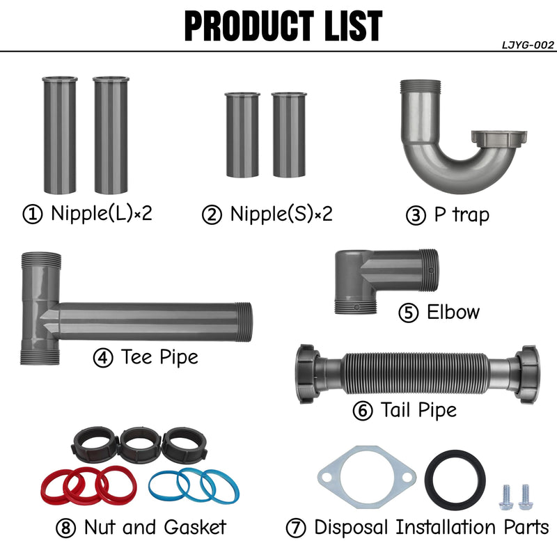Garbage Disposal Installation Kit, Complete Kitchen Sink Drain Pipe Kit for Double Bowl Sink, 1-1/2" Plumbing, Wall Mount or Floor Drain, Includes Elbow, P trap, Flange, Gasket and Adjustable Tailpipe