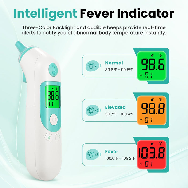 Thermometer for Adults and Kids, Accurate Baby Ear Thermometer with 3-Color Fever Indicator 40-Reading Memory F/°C Switch Mute Mode with Carrying Bag (White)
