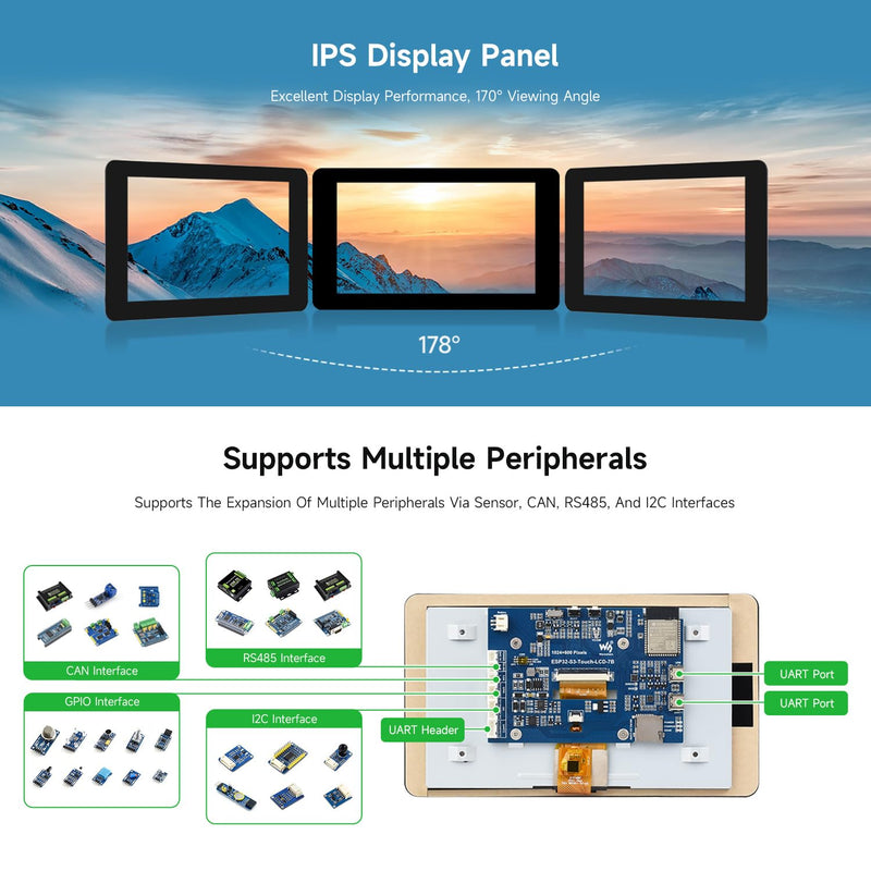 Waveshare ESP32-S3 7inch LCD Development Board, ESP32 with Display, 1024×600, 32-bit LX7 Dual-core Processor, 240MHz Frequency, Supports WiFi & Bluetooth, with Onboard Antenna, No Touch Function