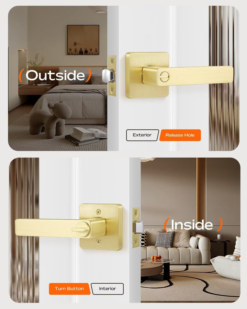 Leydebong 1 Pack Gold Door Knobs with Lock, Heavy Duty Interior Privacy Door Handle for Bed/Bathroom, Reversible Flat Levers with Square Rosette Privacy Lock (Keyless)Bedroom/bathroom
