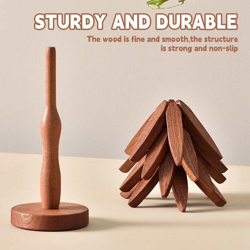 Wooden Cup Coaster Set，Tree Shape Trivet Set,Tree Coasters- 4 Wooden Trivets + 1 Stand stored for hot Dish/Pot/Bowl/teapot/hot Pot Set Brown