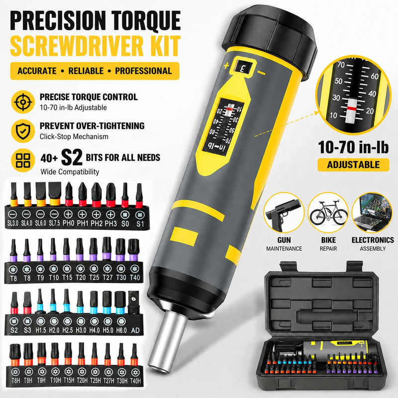Torque Wrench Screwdriver Set,10-70 Inch Pounds, 40 S2 Bits - Hex,Torx, Flat,Phillip,Square and Torx Security Bits for Accurizing Scope Mounting, Bicycle Repairing and Maintenance (42PC) Screwdriver/42pc