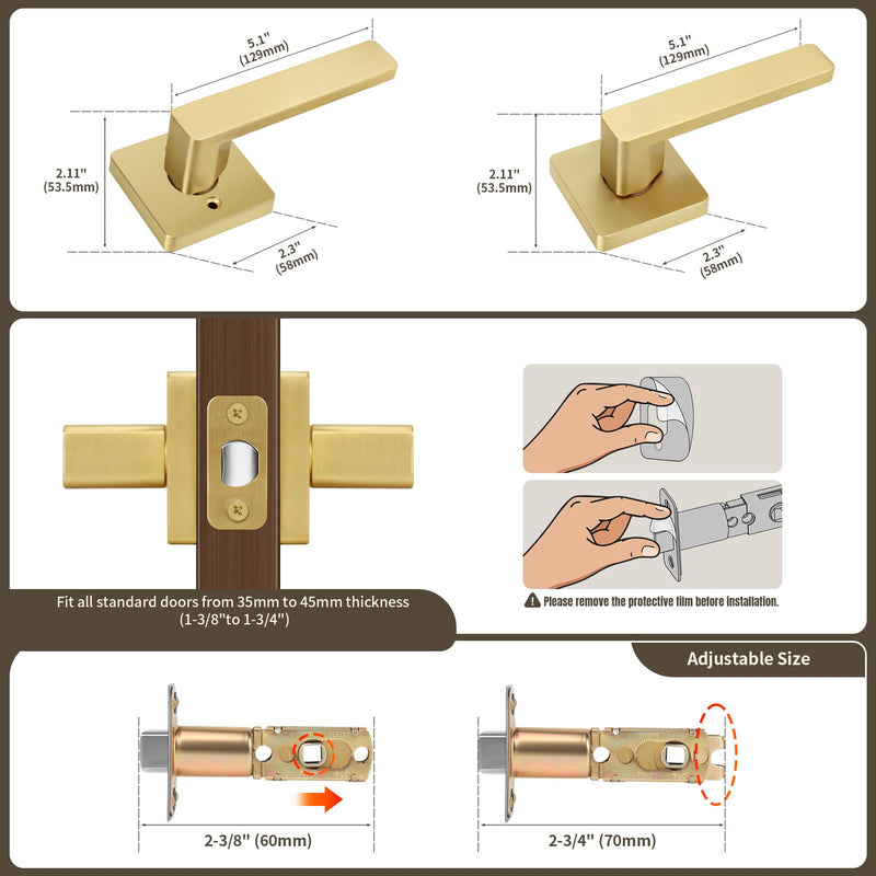 Moquin Passage Gold Door Handle Without Lock or Key, Non-Locking Heavy Duty Square Interior Door Lever for Hallway or Closet, Satin Brass 1 Pack Passage-NO Lock & NO Key