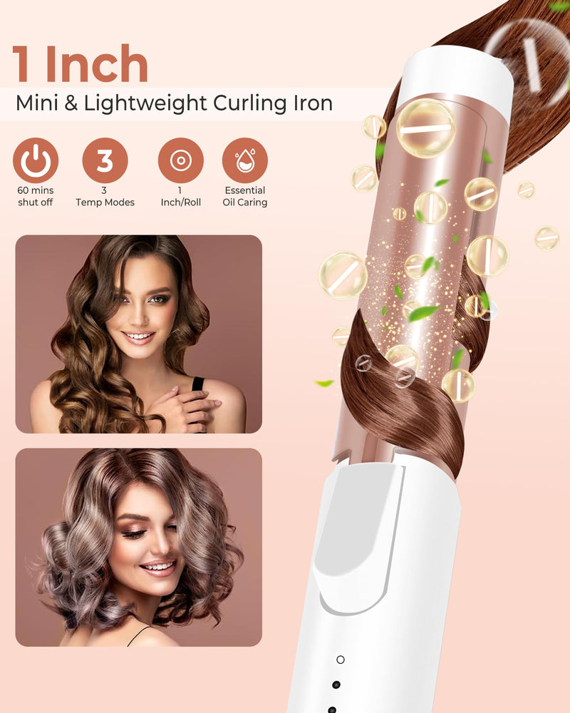 UKLISS Curling Tongs for Short Hair Medium Long Hair 25mm Mini Curling Iron | [160-200℃] 1 Inch Compact Travel Friendly Ceramic Mini Hair Curler Wand, 3 Temps Adjustable, Double Voltage (White) White