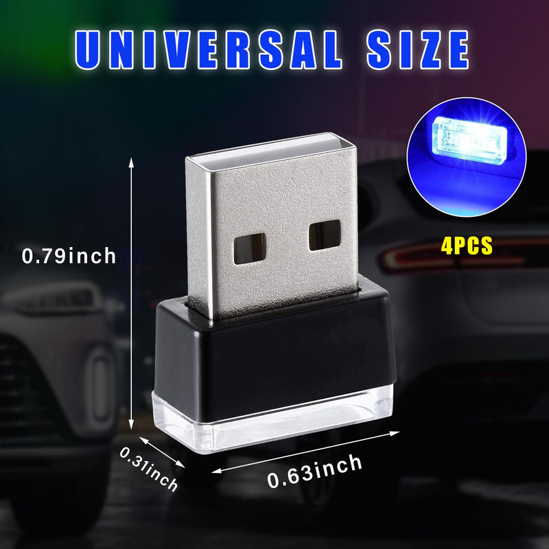 Augeny 4 PCS USB LED Car Interior Atmosphere Lamp, Plug-in USB Decor Night Light, Portable Auto Ambient Lighting Kit, Universal Vehicle Interior Accessories for Most Cars (Blue) Blue