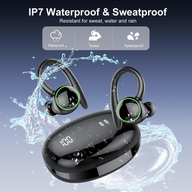 Wireless Earbuds, Bluetooth 5.4 Headphones Sport Over Ear Buds With ENC Mic | ENC Noise Cancelling Mic, 48H, Wireless Earphone With Earhooks, Stereo Deep Bass, IP7 Waterproof Headset for Workout, Black J-Black
