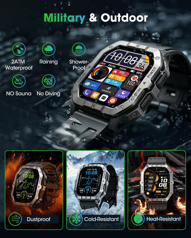 Military Smart Watch Built-in GPS,Bluetooth Calling, for iPhone & Android | 100+ Sport Modes for Men Fitness watch, Smartwatch with Heart Rate & Sleep Tracking, 2ATM Waterproof , Black 2.02"