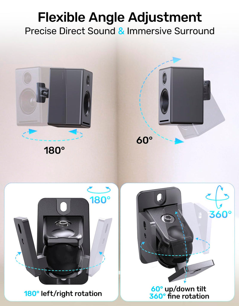 Universal Wall Mount Bracket for Satellite Surround Sound Speakers, 2-Pack | Max 11 lb Load, 360° Rotatable Ball Joint, Fits keyhole, M4/M5/M6 & 1/4"-20 Mounting for Roku Polk Samsung Q990F Q990D & More