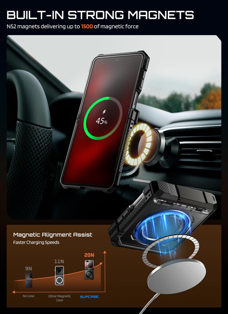 SUPCASE for Samsung Galaxy Z Flip 8 Case with Built-in Kickstand, Black | Front Screen Protector, Translucent PC Backplate, Hinge Protection, Support MagSafe, Strong Magnetic, Unicorn Beetle Grip