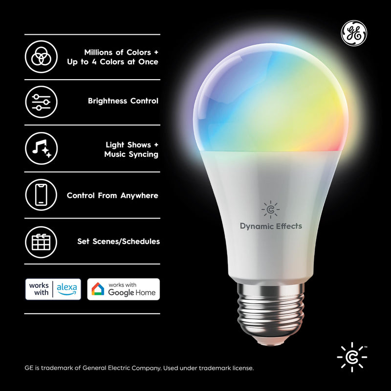GE Cync Dynamic Effects A19 LED Smart Light Bulbs, Bluetooth and WiFi Color Changing Lights with Music Sync, Compatible with Alexa and Google Home (2 Pack) Multicolor A19 2 Bulbs (Pack of 1)