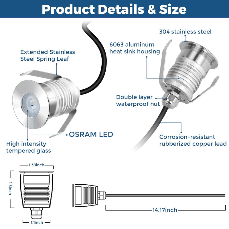 Gardencoin Recessed LED Deck Lights, Heavy Duty Soffit and Stair Lighting Outdoor, 1W 12-24V Low Voltage Landscape In Ground Well Light, Underwater Light Ultra Waterproof, Dimmable(3000K-6pack) 1 Watt-1.38inch 3000K warm white narrow
