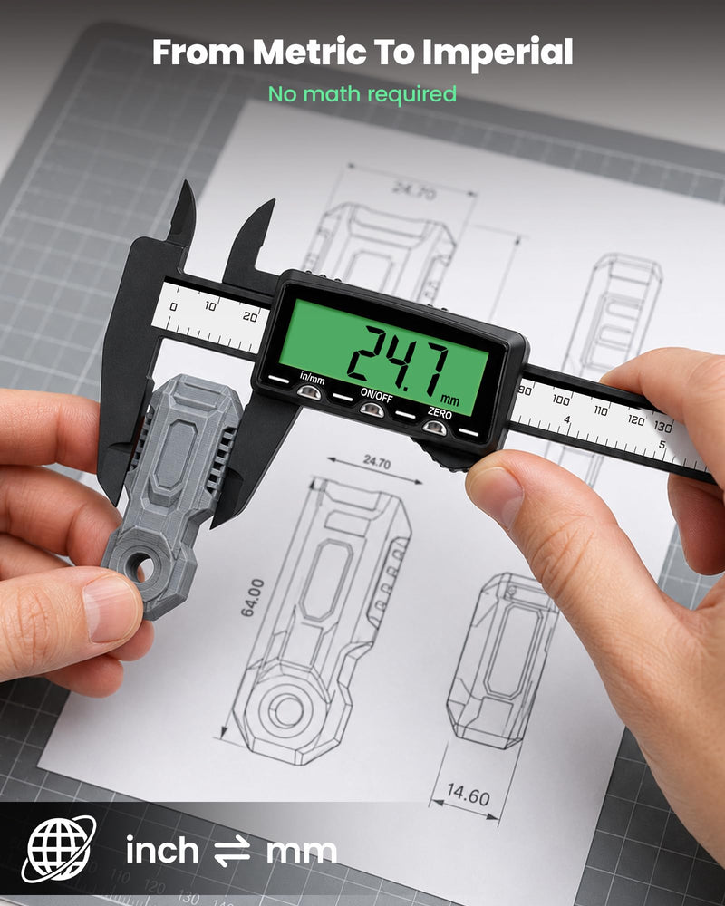 HARDELL Rechargeable Digital Caliper 6", Plastic Calipers with High-Contrast Green Screen (Non-Backlight), Inch/MM, Auto-Off - Everyday Measuring Tool for Woodworking, DIY, Jewelry Making & Household