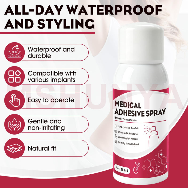 Breast Form Adhesive, Medical Adhesive Spray, Adhesive Spray for Skin, Strong Adhesion, Waterproof and Durable, Suitable for Breast Forms, Transgender People and Cross-Dressers, 3.5 Oz