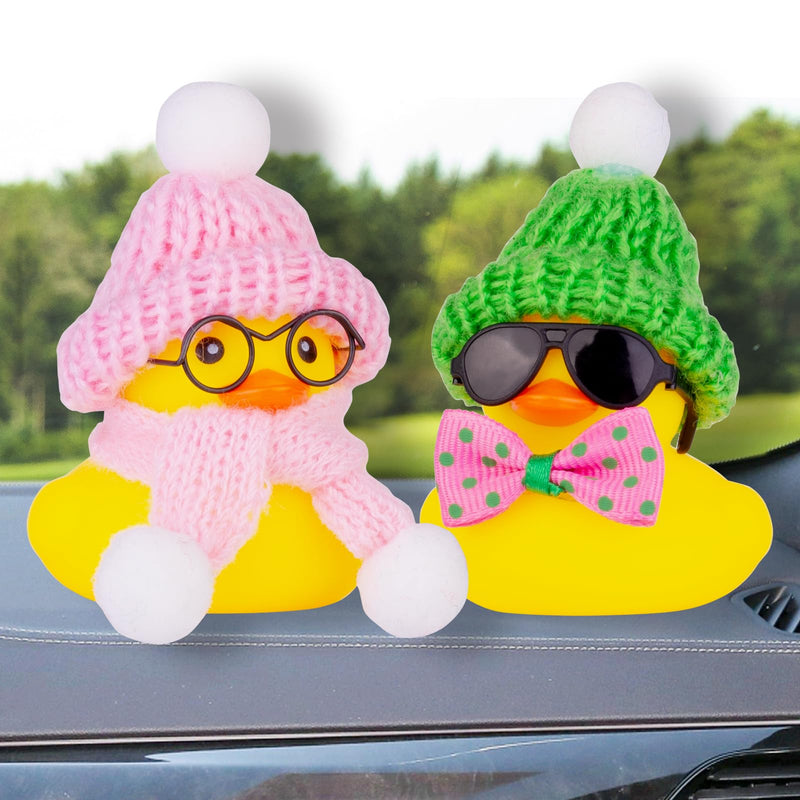 Car Rubber Duck Ornament Winter Duck Car Dashboard Decoration with Mini Beanie Hat Glasses and Scarf (E3) E3-c Glasses-pink Scarf&hat