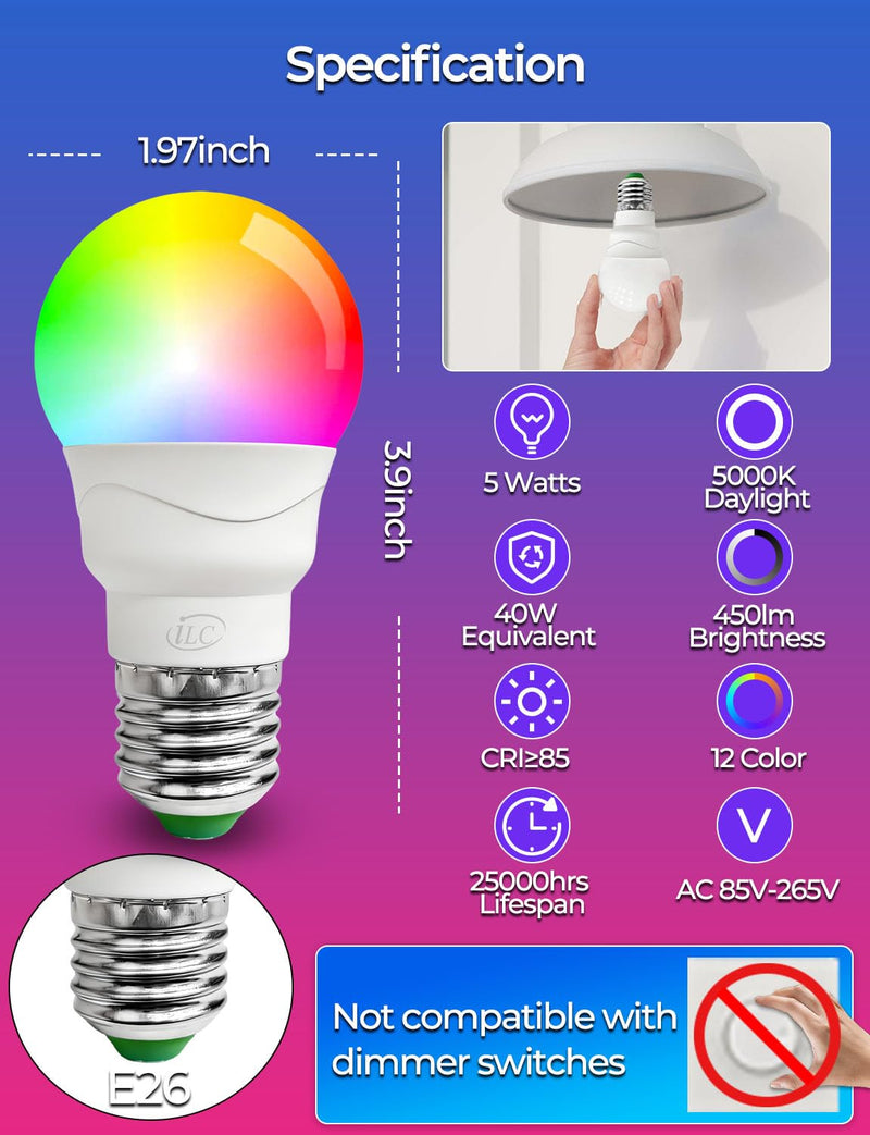 ILC Color Changing LED Light Bulb, A15 40W Equivalent, 5000K Daylight White, 450LM 5W E26 Screw Base RGBW, Mood Light Bulb - RGB 12 Color Choices - Timing Infrared Remote Control Included (8 Pack) 8 Count (Pack of 1)