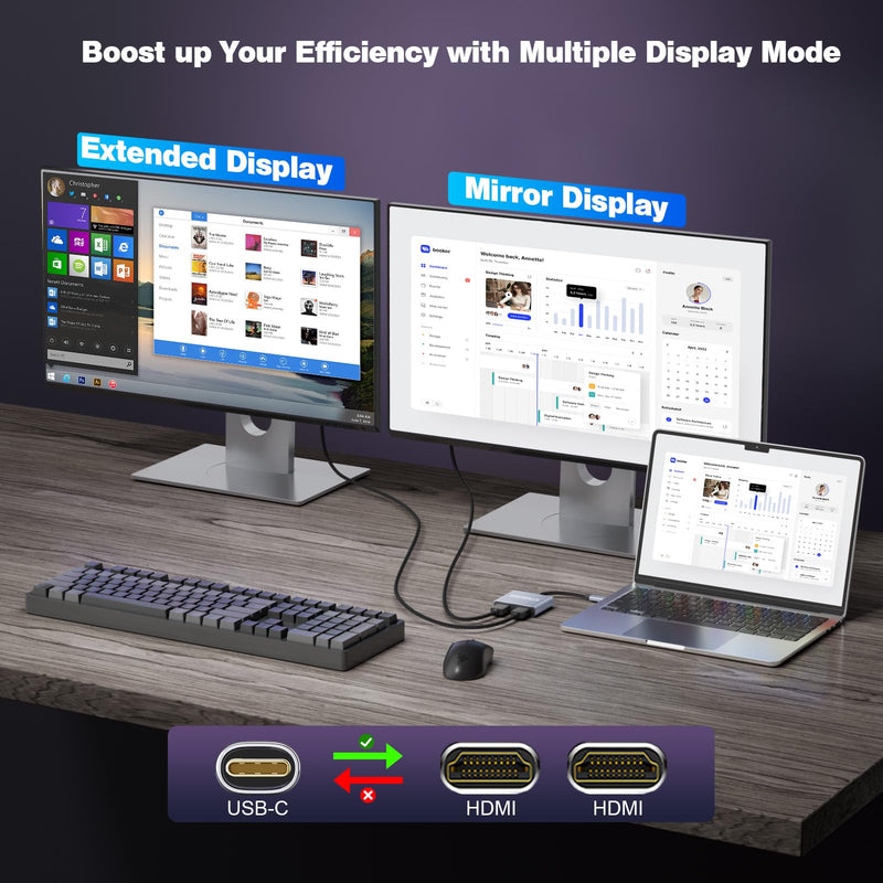 USB C to Dual HDMI Adapter, 4K@60Hz Dual Monitor Adapter for Extended & Mirror Display, HDMI Splitter Compatible with MacBook Pro/Air, Dell, HP, and Lenovo laptops USB C to Dual HDMI Adapter