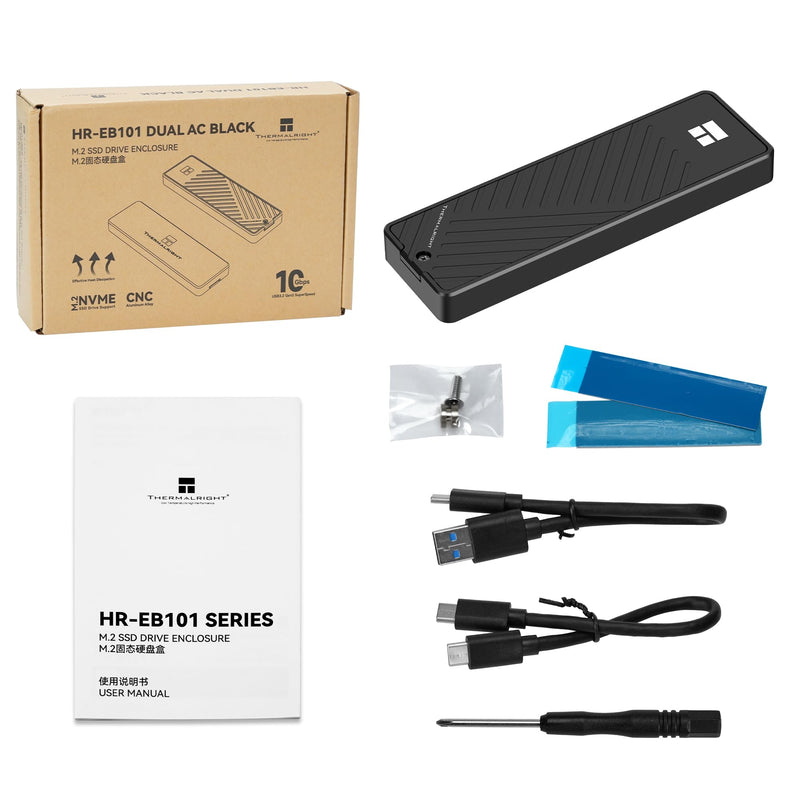 Thermalright M.2 NVMe SSD Enclosure HR-EB101 AC Black | USB3.2 Gen2 10Gbps USB-C External SSD Case, CNC Aluminum Housing, UASP/Trim/S.M.A.R.T, Thermal Pads, 2230-2280, Up to 8TB