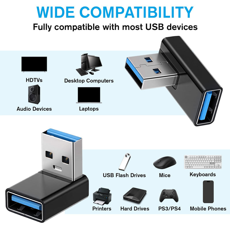 4 Pack 90 Degree USB 3.0 Adapter, Right Angle USB Adapter,Left and Right Angle and Vertical up and Down Angleusb a Male to Female Converters Extend for Power Bank, Chargers, Laptops, USBDisk