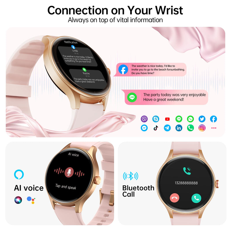 Smart Watch for Women,1.57'' AMOLED Touchscreen Compatible with Android&iOS | Fitness Watch with Heart Rate/Sleep/SpO2 Monitor 110+ Sport Modes,Smartwatch with Answer/Make Call,3ATM Waterproof 2 Bands Pink 1.57