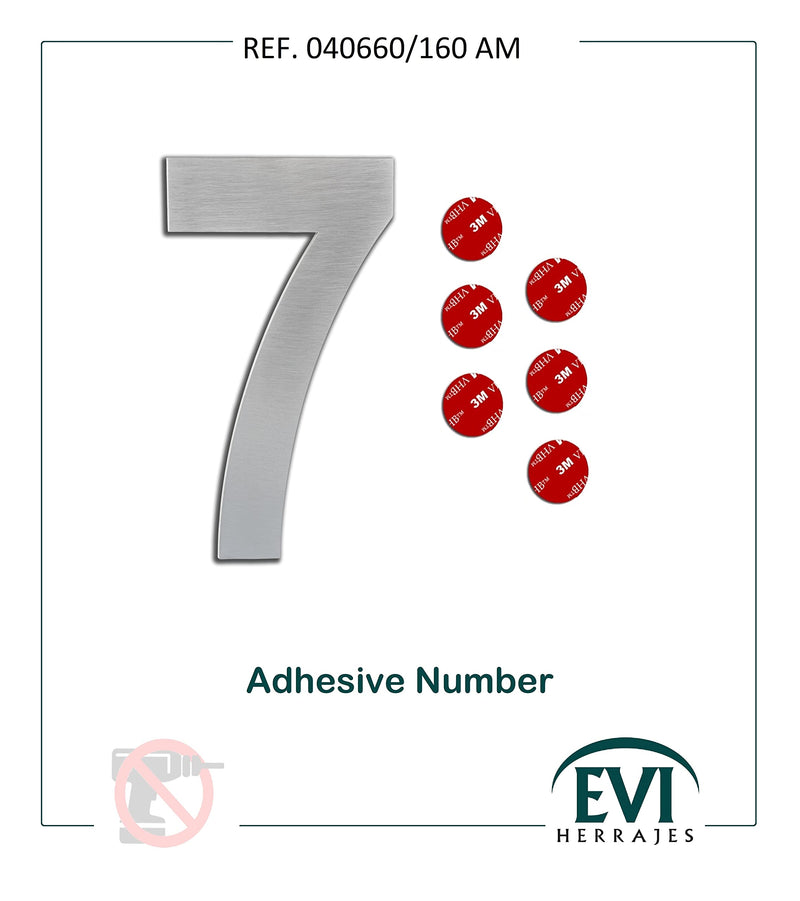 Exterior Adhesive House Number, Gate or Garage, 6.3” inch, Stainless Steel AISI 304, Adhesive Installation (Number 7), EVI Herrajes Number 7