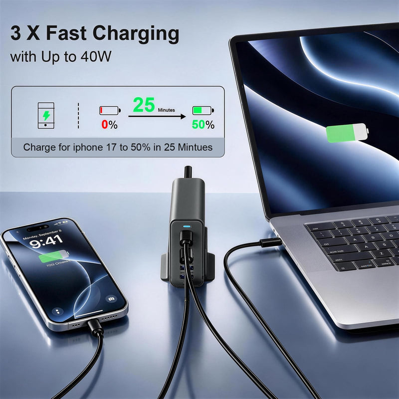 165W Charging Station, 6 Port Desktop Charger, 3 Ports 40W Grey | USB Charger Block, 3 x USB A 15W, 3 x USB C 40W, Compatible with iPhone, Galaxy, MacBook, iPad, Home Office, Travel and More