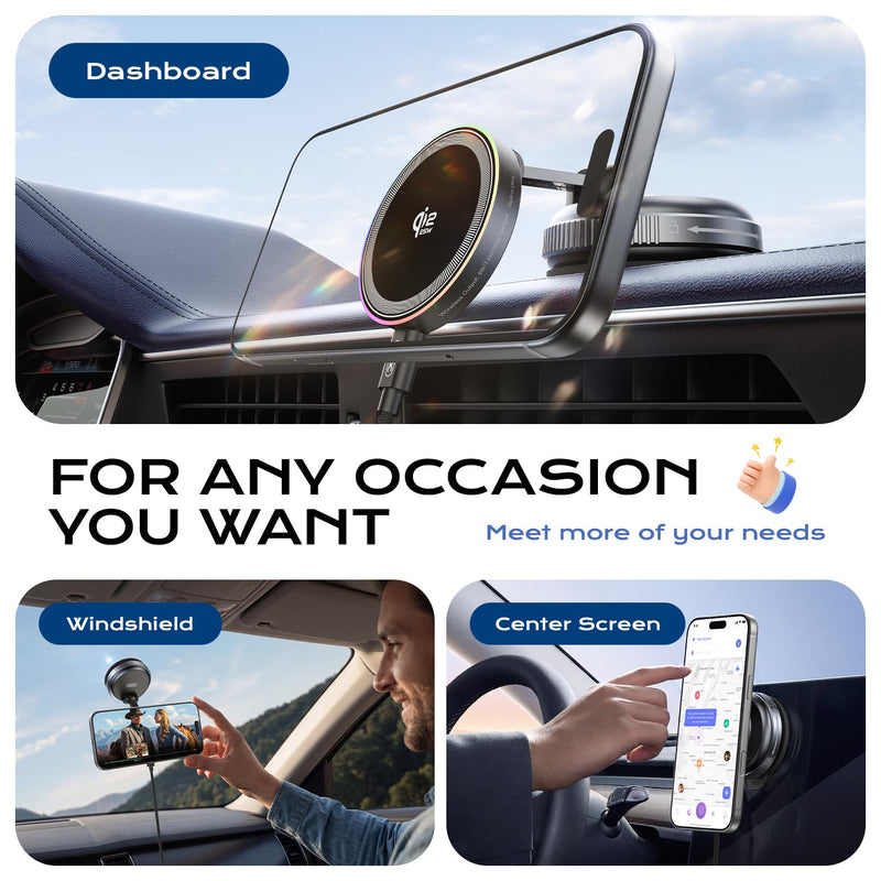 Qi2.2 Magnetic Car Mount Charger,25W Fast Wireless Charging Stand with RGB Light,360° Rotating Suction Phone Holder for Your Car,Compatible with iPhone 12-17,S26/S25