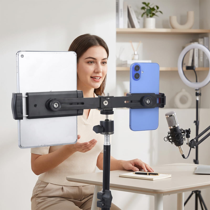 UTEBIT Dual Holder Smartphone and Tablet Tripod Mount Adapter 360° Rotating Ball Head Adjustable Clip Stand Double Phone and Tablet Stand with 1/4'' Screws for Vlogging Video Recording Live Streaming