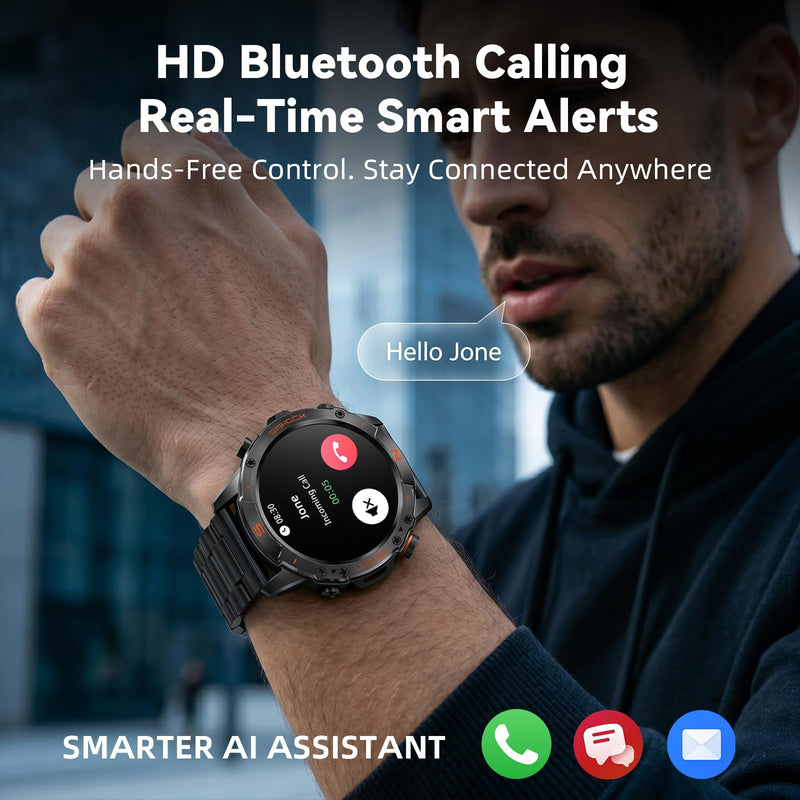 WalkerFit Rugged Smart Watch for Men, 1.43" AMOLED 5ATM Waterproof, 2 Bands | Bluetooth Calling, Fitness Tracker, 15-Day Battery, 178+ Sports Modes, Heart Rate, Sleep & SpO2 Monitor, For Android & iPhone Black