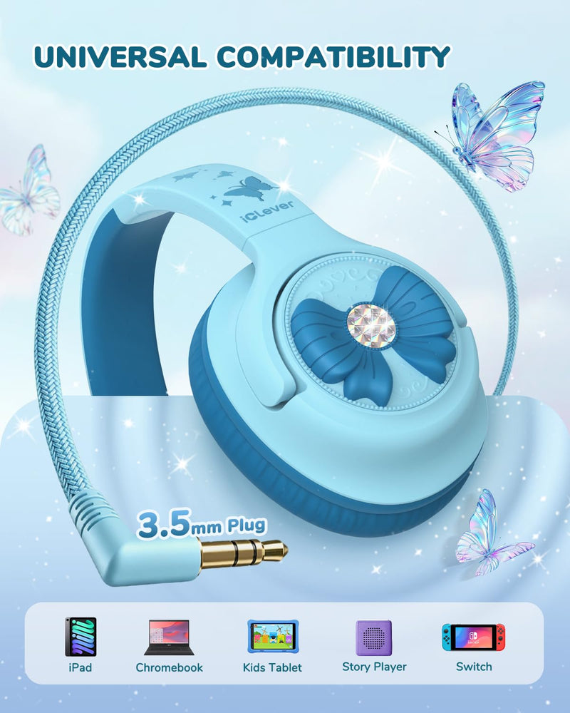 iClever C371 Kids Headphones with Cord for School Boys Girls Travel Gift | SafeSound Tech3.0, Stereo Sound, 3.5mm Jack, Foldable, Durable Headband, Safe Wired Headphones for Kids, Powder Blue Blue Powder