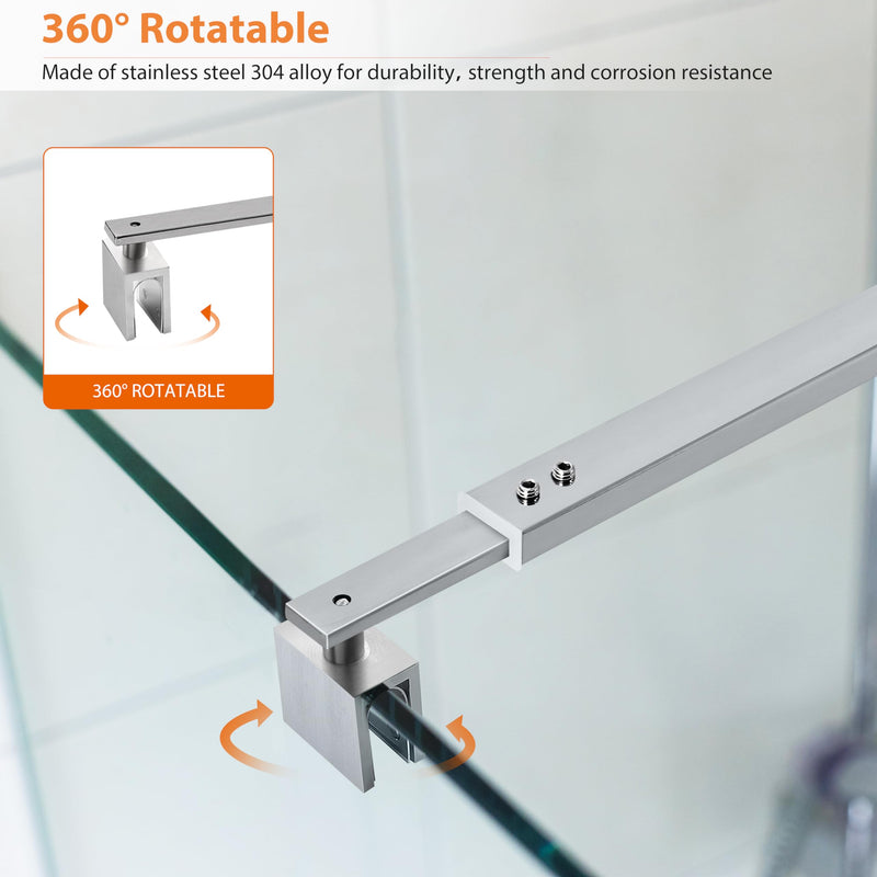 Shower Door Support Bar, Adjustable Length 27 3/5"-47 1/5" (700mm-1200mm) Rod for 5/16" (8mm) to 3/8" (10mm) Thick Frameless Glass Door Panel, Brushed Silver Adjustable length 700-1200mm, square end